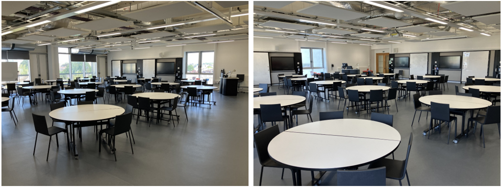 Classroom with tables and chairs.